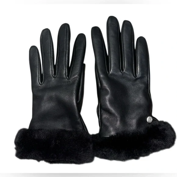 UGG Shorty Sheepskin Shearling-Cuff Black Leather Gloves Size Small - Picture 3 of 7